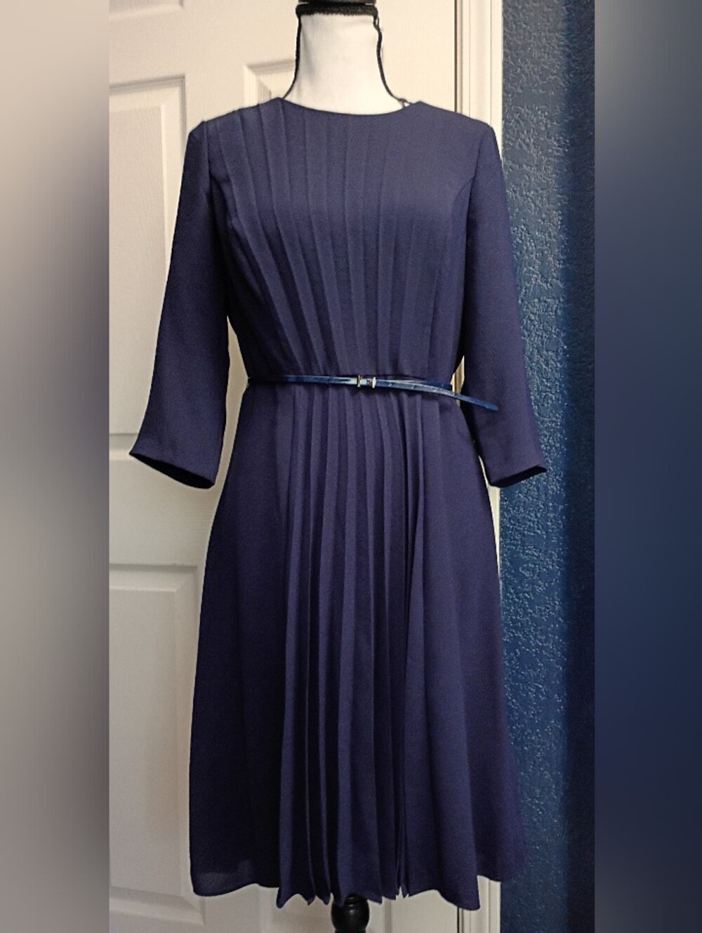 Adrianna Papell Navy Blue Pleated Midi Dress with Belt